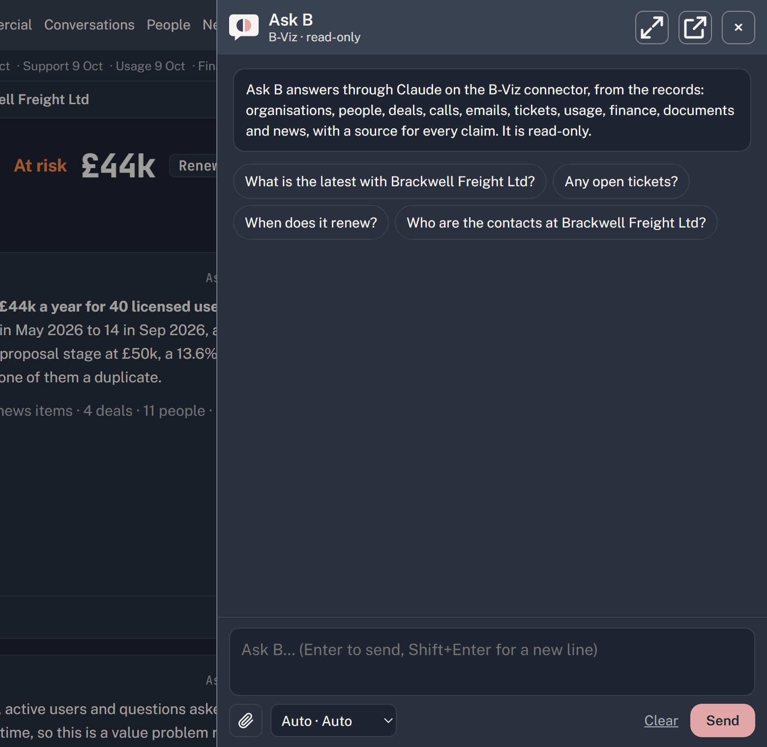 Screenshot: Ask B on a customer's page
