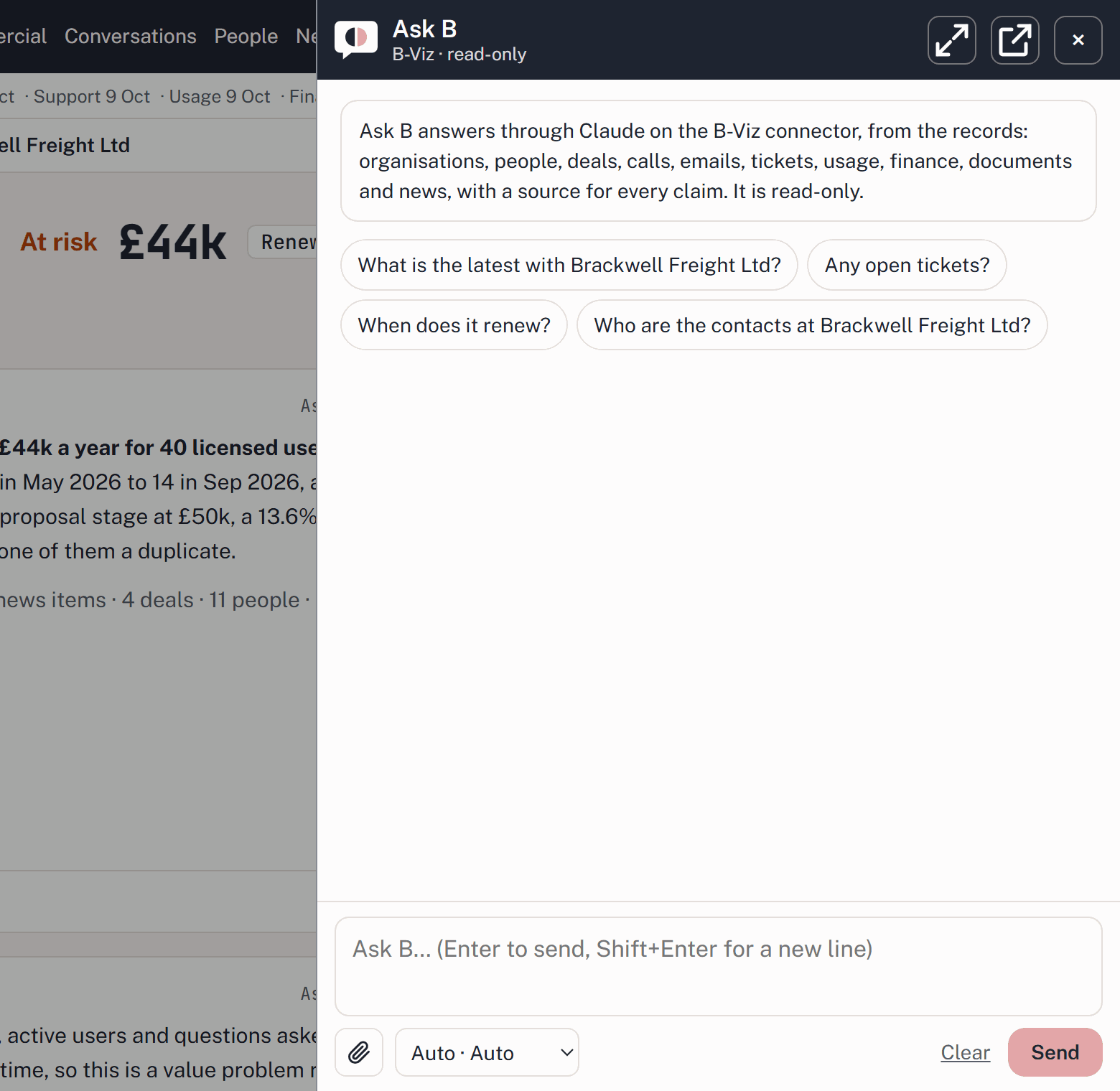 Screenshot: Ask B on a customer's page